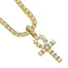 Egyptiska ankh -nyckelhalsband Mens Bling Gold Plated Chain Rhinestones Crystal Cross Iced Out Pendant för kvinnors rappare Hip HO201X