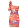 Casual Dresses Tie Dye Skinny Short Mini Dress Women Sexy Hollow Out One Shoulder Nigh Club Party Bodycon Vestido Robe Sexy1