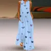 Bohemian Summer Butterfly Print Lång Klänning Kvinnor Casual Loose Ärmlös Pocket Boho Style Maxi Beach Dress Plus Storlek Sundress