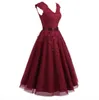 Col en V A-ligne Tulle Robe de demoiselle d'honneur Robe de demoiselle d'honneur longueur thé Robe de soirée Robe corsage plissée Faite sur mesure avec Applique261Q