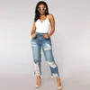 Bleach Wash Shredded Ripped Pencil Skinny Jeans Women Blue High Waist Long Pants Stretchy Denim Jean