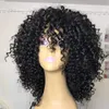 HD Şeffaf Kısa Bob Afro Kinky Kıvırcık İnsan Peruk Bang Fringe Ön Kopardı Ağartılmış Knot Remy Moğol Saç Peruk% 150 Yoğunluk