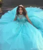 Голубое бальное платье Принцесса Quinceanera Платья с короткими рукавами и аппликациями Vestidos de 16 Anos Пышные тюлевые платья для выпускного вечера Индивидуальный дизайнер