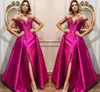 Fuchsia Evening Dresses Train Off Shoulder Beads Sequin Front Side Split Celebrity Prom Dresses Satin Red Carpet Party Gowns