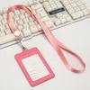 Leather Card Holder With Rope Lanyard Double Card Sleeve ID Badge Case Clear Bank Credit Card Badge Holder Office Supplies