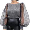 Women's Mesh Puffy Spring and Autumn Ribbed Long Sleeve Knit Shirt Loose Casual Polka Dot Tops Elegant Femme Turtleneck