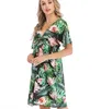 Manga curta vestido solto vestido floral impressão Ladies Vestidos Vestido de Verão Casual Sexy Summer Chiffon profunda Neck vestido na altura do joelho