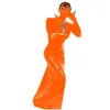 Vestido largo de talla grande S-6XL de PVC con cuello en V y guante conectado para mujer, disfraz de actuación de Catwoman, vestido Sexy ajustado para discoteca