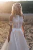 Garden Boho Western Wedding Dresses 라인 보석 넥 레이스 새틴 신부 가운 버튼 뒷모습 로브 드 마리에 BC10995