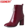 Hot Koop-Egonery Hoge Kwaliteit Enkellaarzen Vrouw Patent Leer 7.5cm Hoge Hak Booties Vreemde Stijl Party Wijn Rode Trouwschoenen