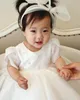 Vestido recém-nascido de renda branca para festa de bebê menina manga curta miçangas tule infantil vestido de aniversário de 1 ano princesa roupas de batismo244k