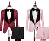 Burgundy Printed Wedding Tuxedos Shawl Lapel Wine One Button Groom Men Suits Wedding Prom Dinner BestMan Blazer(Jacket+Bow+Vest+Pants)