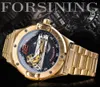 Forsining Automatic Male Watch Golden Bridge Transparent Stainless Steel Band Racing Man Mechanical Wristwatch Relogio Masculino2446