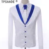 Vit Royal Blue Rim Stage Kläder för män Passar Set Mens Bröllopsdrag Kostym Brudgum Tuxedo Formell (Jacka + Byxor + Vest + Slips)