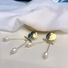 Stud Pendant Earrings Personality Handmade Zircon Pearl Jewelry 18K Gold Plated Brass For Women Asymmetric Earring