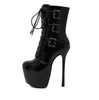 Hot Sale-16cm Schwarz Glanz Patent PU-Leder Buckle Lace Up Knight Boots Frauen Ultra High Heels Desigener Schuhe Größe 34 bis 40