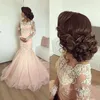 2019 New Luxury Sereia Vestidos de Baile Rosa Scalloped Ilusão Lace Apliques Mangas Compridas Em Camadas de Varredura Trem Tule Festa Vestidos de Noite