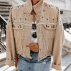 Studded Frayed Hem Denim Jacket Women Coats Black Lapel Single Breasted 2021 Jeans Jackets And FTKH