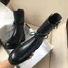 Gorąca sprzedaż - Cowskin Martin Przód tylna Pasek Chunky Niski Heel Kobiety Mid Calf Buty Ladies Ann 19SS Okrągłe Toe Zipper Buty Rozmiar 35-40