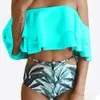 Moda-Kobiety Dwa kawałek Off Ramię Plus Rozmiar Bikini Ruffled Flaunce Crop Bikini Top z Drukiem Wytnij Dna Wrap Bikini Swimsuit