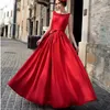 Elegant Womens Evening Party Dresses Crewneck Satin Slim Fit Red Long Full Length Dress Vestidos De Fiesta