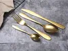 4pcs/set Stainless Steel Fork Knife Spoon Rose Gold Cutlery Set, Shiny Gold Flatware Set W9732