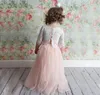 Blush Pink Два кусочка шнурка девушки цветка для венчания для детей Pageant платье Jewel шеи тюль принцессы Дети маленькие девочки подружек