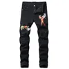 Heren jeans 8 kleuren heren gescheurde mode borduurwerk roos mannen lichtblauw slim fit stretch denim potlood broek 42