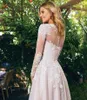Elegante Sheer mangas compridas Vestidos de casamento Boho 2020 Tulle Applique Andar de casamento Comprimento vestidos de noiva robe de mariée Com Botões