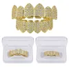 18K Real Gold Plated Teeth Grillz Caps Iced Out CZ Top & Bottom Vampire Fangs Dental Grill Set for Men Wholesale