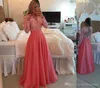 Sexy Eleganckie Różowe Koronki Prom Dresses Suknie Wieczorowe Moda Backless Długie Rękawy Dla Nastolatków V-Neck A-Line Zakryty Przycisk Vestidos de Fiesta