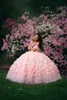 Vestido cor-de-rosa da menina do vestido da bola para o casamento 2020 Off Shoulder Lace Frisado Meninas Pageant Vestido Primeiros Vestidos de Comunhão
