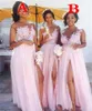 Cheap Baby Pink Long Bridesmaid Dresses Jewel Neck Illusion Lace Appliques Chiffon Bridesmaids Side Split Party Dress Wedding Guest Gowns