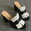 Sandalias de mujer marmont, tacones altos, plataforma deslizante con flecos, gamuza de doble tono y cuero, sandalias vintage de tacón medio