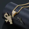 Hip Hop Iced Out Dollarzeichen-Stecker mit Pistole-Anhänger-Halskette, mikrogepflasterter kubischer Zirkon, Gold-Silber-Charm-Kette für Männer