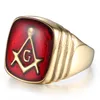 Wholesale Gold Men's Punk Dark Red Resin Enamel Covered Ring Stainless steel Freemason Masonic regalia signet rings Fraternity wed band ring