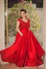 Lace Plus Size Appliques A-Line Prom Dresses Red Modest Satin Beading Sequins Long Party Evening Gowns Floor Length Robe De Mariee