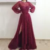 Sexy Beaded Avondjurk Lange Mouw Mermaid Donkere Rode Avondjurken Hoge Split Formele Prom Jurken Robe de Soiree Averdkleider