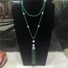 Collier long noué à la main, jade vert naturel, perle d'eau douce blanche, micro incrustation de zircon, fermoir pompon, bijoux à la mode, 230w