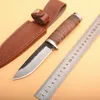 Hot survival straight knife high carbon steel drop point satin blade full tang leather handle fixed blades knives