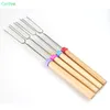 BBQ Forks Camping Ognisko Ze Stali Nierdzewnej Drewniany Rękojeść Telescoping Grill Pieczenie Wózki widłowe Kije Skewers BBQ Forks 50szt