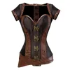 4 adet Set Kadınlar Ortaçağ Steampunk Gotik Jakarlı Overbust Korse Top Bolero Ceket Ile PU Deri Kemer ve Thong Kostüm S-6XL Artı Boyutu