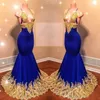 2019 Pasy spaghetti Satin Mermaid Long Prom Dresses Royal Blue Lace Aplikacja Backless Sweep Pociąg Formalny Party Nosić suknie wieczorowe