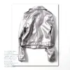 レディースレザーFAUX WSEOREの女性ショートPUジャケット2021 Outwear Silver Long SleeveオートバイとコートバイカーNS11221