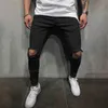 2019 Bästsäljande Mäns Solid Färghål Middle Waist Skinny Byxor Casual Knee Holes Lång Elastiska Män Byxor