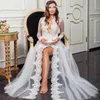 2019 Özelleştirilmiş Beyaz Dantel Aplikler Düğün Robe Uzun Kollu Tül Orta Bel Pijama Seksi kadın Undergarments