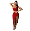 Neon Color Two Piece Set Dress For Women One Shoulder Tops Side Ruched High Split Dress Female Bandange Vestidos