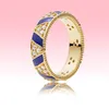 NEW yellow gold plated RING Women Mens Fashion Jewelry for Pandora Real 925 Silver Blue stripes and stones ring set with Original box