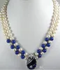 Noble 2 rangées Blanc 7-8 Véritable Perle Lapis lazuli Bleu Foncé 18KGP Zircon Cristal pendentif femmes Bijoux Collier 18 pouces