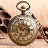 Luxury Silver Bronze Golden Pocket Watch Vintage Skeleton Hand Winding Mechanical Watches Double Hunter Case FOB Pendant Chain286Y3029